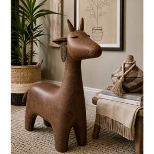 Sculptural Deer Ottoman Footrest Brown Leather Look RH Arhaus Style Decor